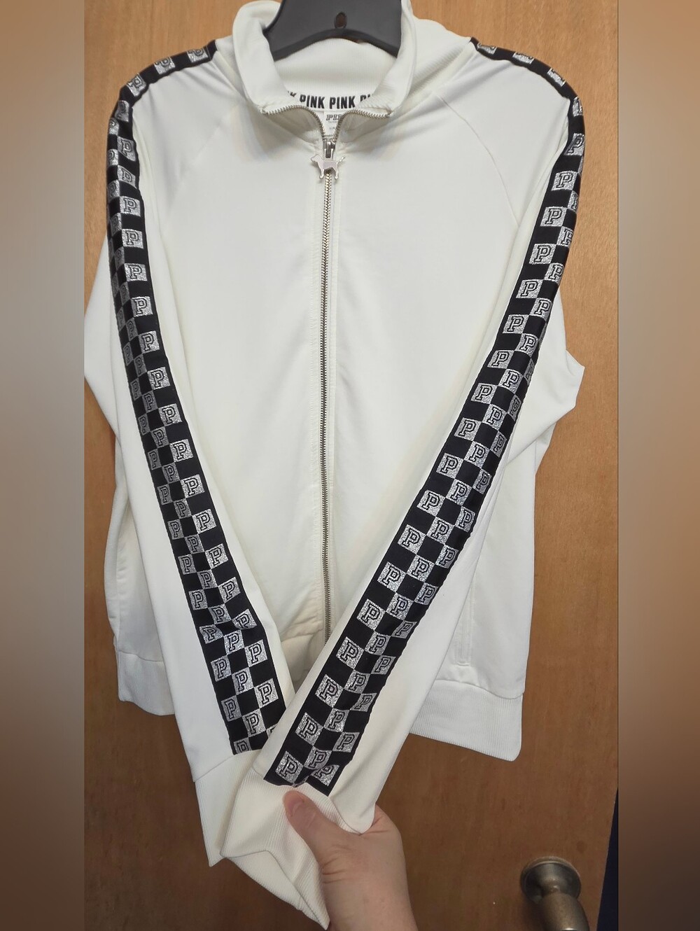 PINK Victoria's Secret White Zip-Front Varsity Jacket with Black And SILVER LOGO